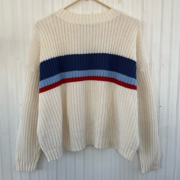 American Eagle Women's Cream Blue Striped Oversized Wide Knitted Sweater SMALL - Picture 2 of 7
